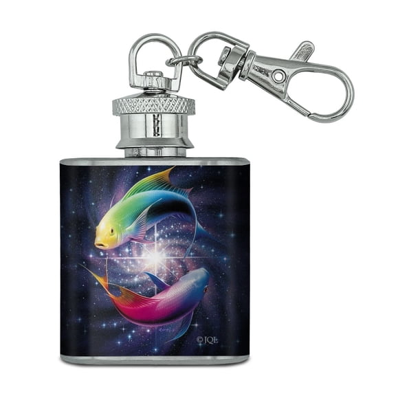 Pisces Zodiac Symbol Fish in Space Yin Yang Stainless Steel 1oz Mini Flask Key Chain