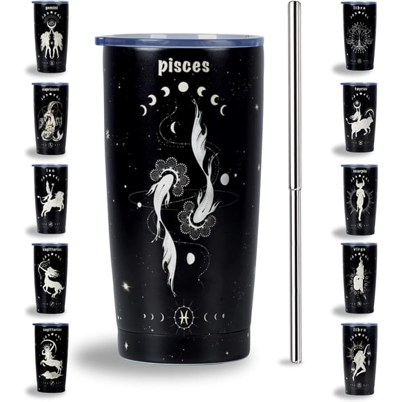 Pisces Zodiac Tumbler Perfect Astrology Gift for Women and Men 20oz Stainless Steel Insulated Travel Cup/Mug with Lid and Straw Pisces Constallation Birthday Gift and Decor for Astrology Lovers