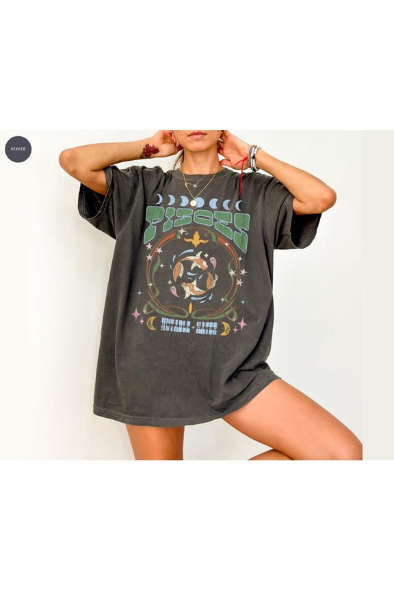 Pisces Zodiac Vintage Graphic Tee Celestial Fish Symbol Moon Phase Boho Astrology Art Nouveau Style Retro Aesthetic Spiritual Design Comfort Colors Unisex Cotton T-Shirt, Sizes S-3XL