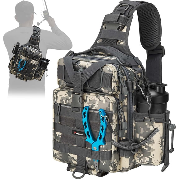 Piscifun Fishing Backpack Tackle Bag with 2 Rod Holders, MOLLE System, Water-Resistant Lightweight Sling Bag, Digital Camouflage