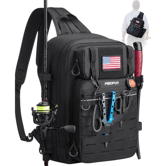 Piscifun Fishing Backpack with 2 Rod Holders, Large Capacity Tackle Bag, Water-Resistant Outdoor Backpack with MOLLE System, Black