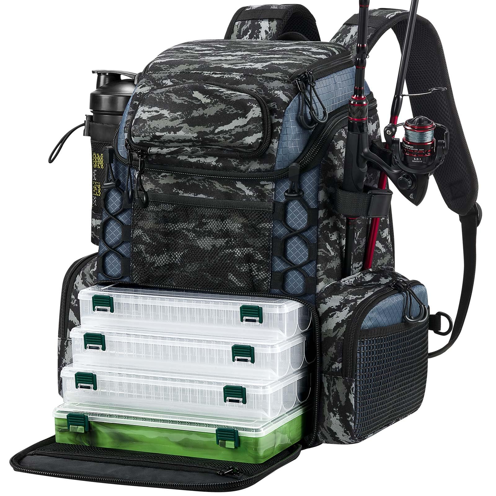 Piscifun Fishing Tackle Backpack with Rod Holders & 4 Tackle Boxes
