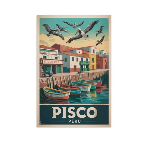 Pisco Peru Vintage Travel Poster with Ocean Docks And Stylized Pelican Scene Print Poster