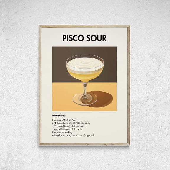 Pisco Sour Cocktail Art Print, Bar Cart Decor, Unframed Paper Poster 8x10in