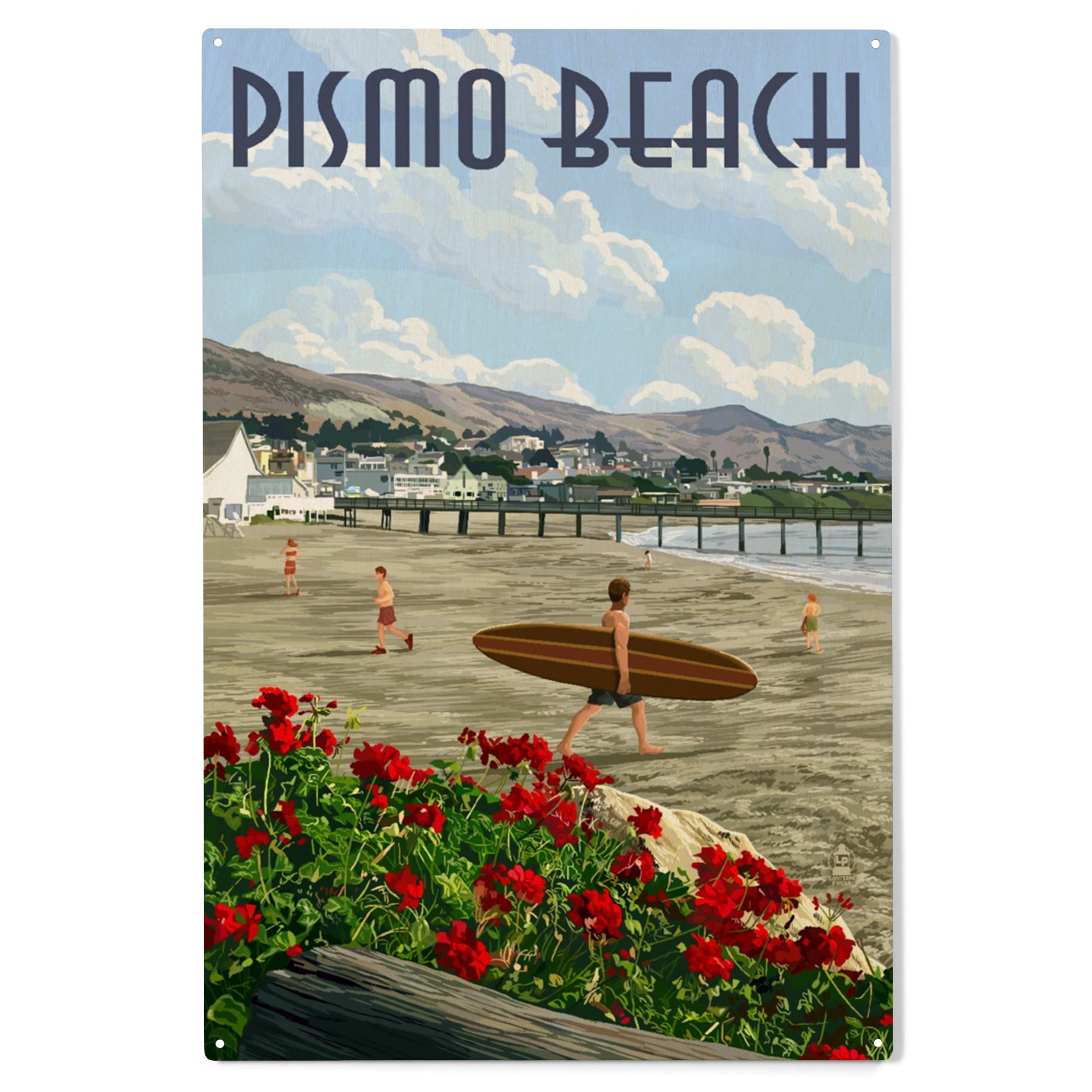 Pismo Beach, California, Beach and Pier Scene Birch Wood Wall Sign ...