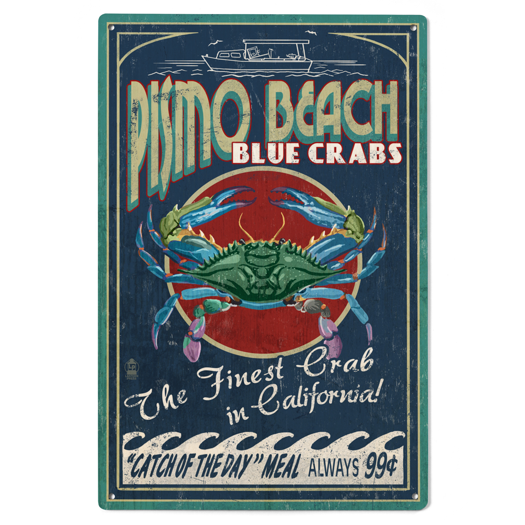 Pismo Beach, California, Blue Crabs Vintage Sign Birch Wood Wall Sign ...