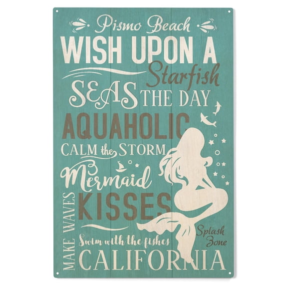 Pismo Beach, California, Mermaid Typography Birch Wood Wall Sign (10x15 Rustic Home Decor, Ready to Hang Art)