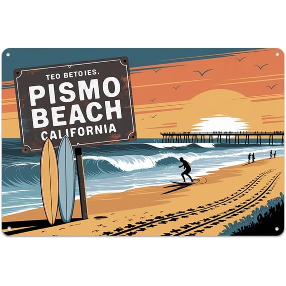 Pismo Beach California Surfing Vintage Metal Wall Sign Print Aesthetic Room Decoration for Home Bedroom Kitchen Bar Garage Cafe Dorm Bathroom, 8 x 12, Easy to Hang
