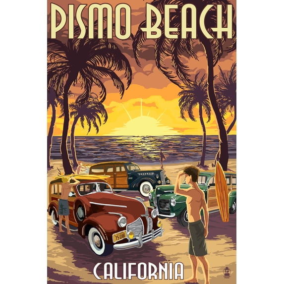 Pismo Beach, California, Woodies and Sunset (9x12 Wall Art Print, Home Decor)