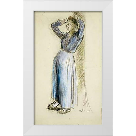 Pissarro, Camille 12x18 White Modern Wood Framed Museum Art Print Titled - Country Girl Leaning Against a Tree
