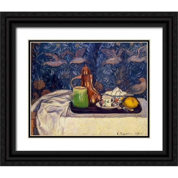 Pissarro, Camille 18x15 Black Ornate Wood Framed with Double Matting Museum Art Print Titled - Still Life with a Coffeepot