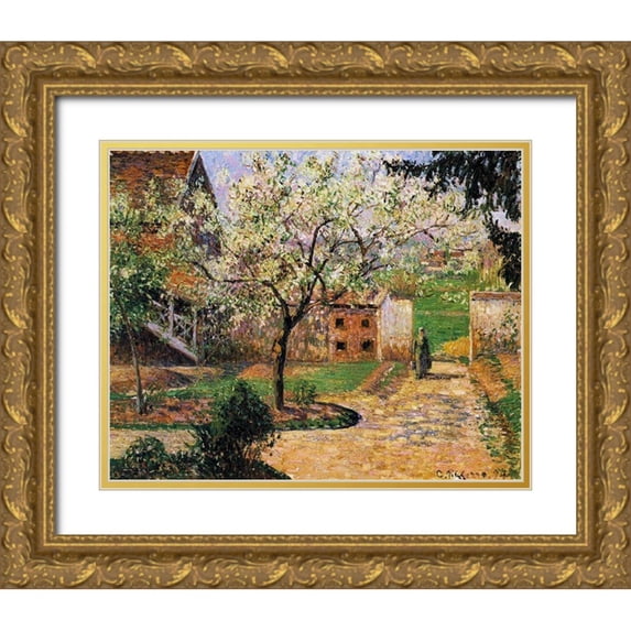 Pissarro, Camille 18x15 Gold Ornate Wood Framed with Double Matting Museum Art Print Titled - Plum Trees in Blossom, Eragny
