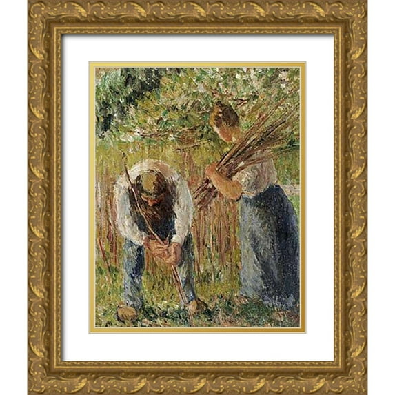 Pissarro, Camille 20x24 Gold Ornate Wood Framed with Double Matting Museum Art Print Titled - Farm Labourers Planting Stakes