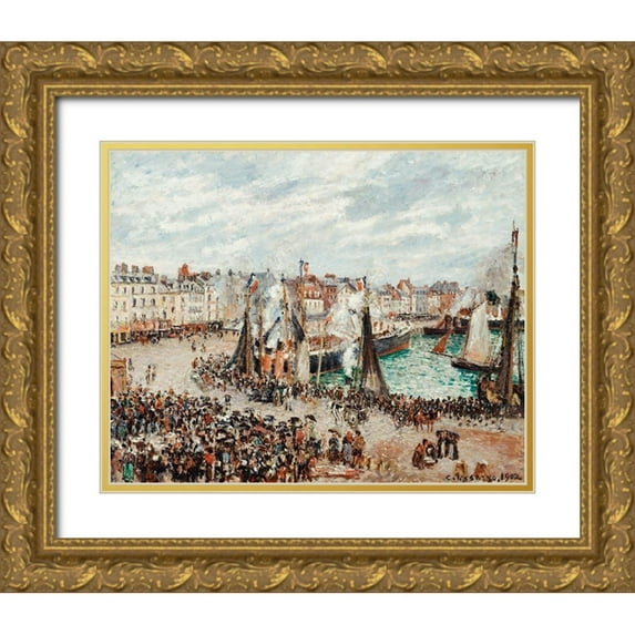 Pissarro, Camille 24x20 Gold Ornate Wood Framed with Double Matting Museum Art Print Titled - The Fish Market, Dieppe:,Grey Weather, Morning
