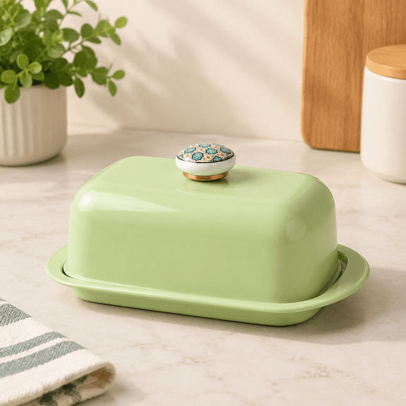 Pist Green Stainless Steel Butter Dish with Ceramic Knob and Airtight Lid