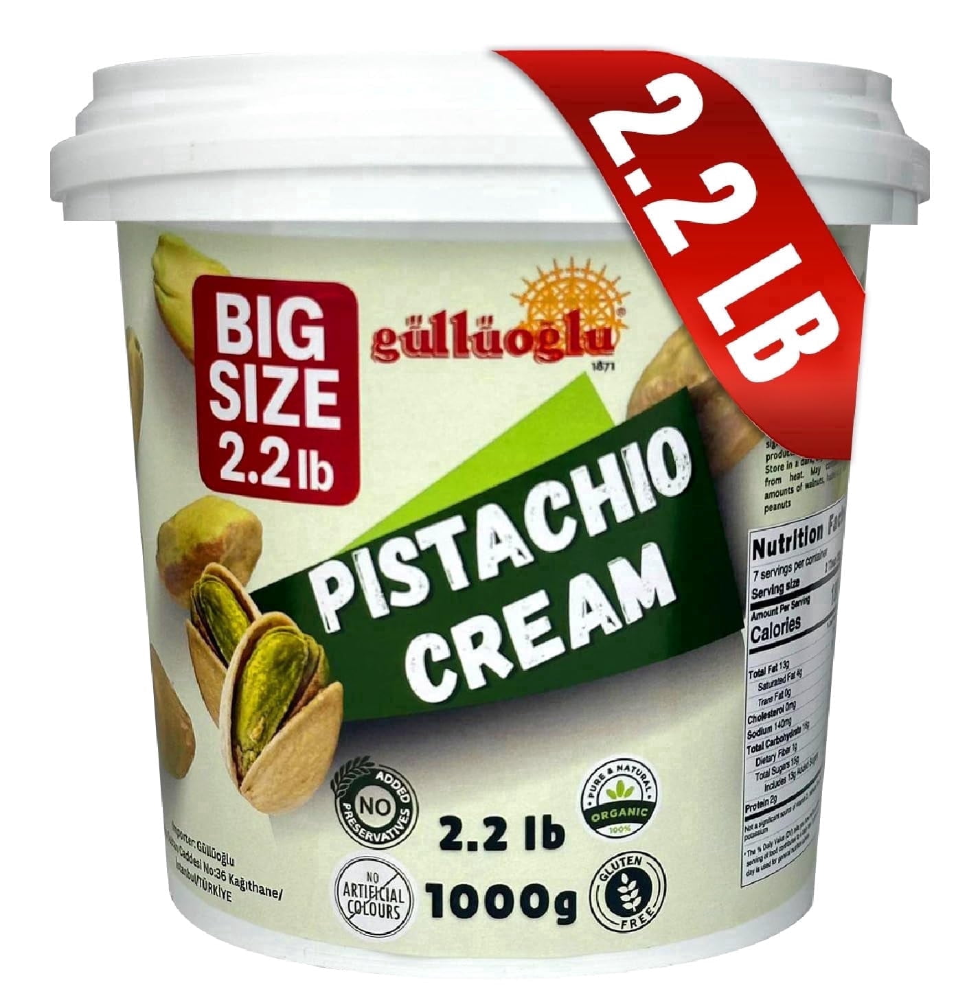 Pistachio Cream Bulk Tub - 2.2lb / 1 kg Gulluoglu Premium Cream For Dubai Chocolate, Best options Pistachio Butter, Perfect Taste For Dubai Chocolate 35.2 ounce