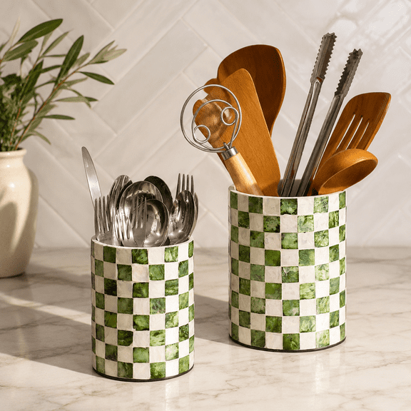 Pistachio Green Checkered Capiz Shell Utensil Holder Set of 2