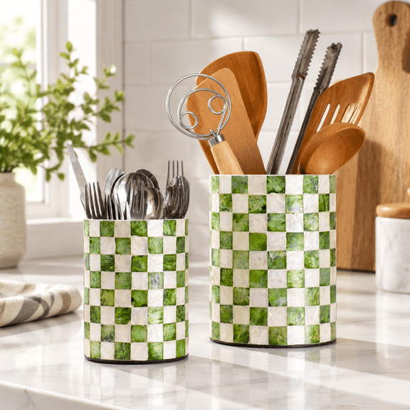 Pistachio Green Checkered Capiz Shell Utensil Holder Set of 2