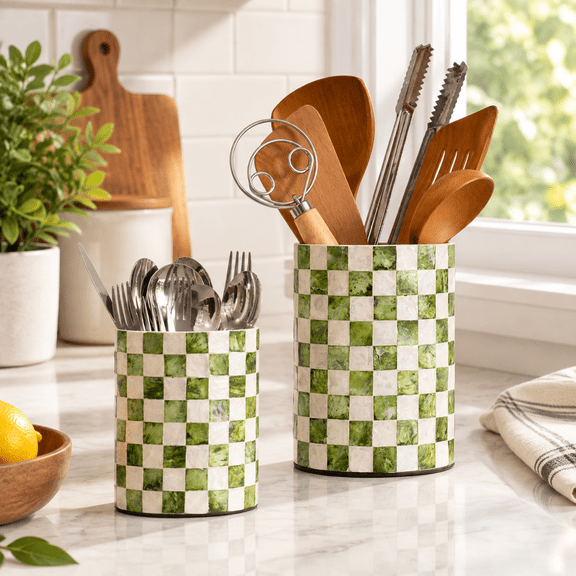Pistachio Green Checkered Capiz Shell Utensil Holder Set of 2