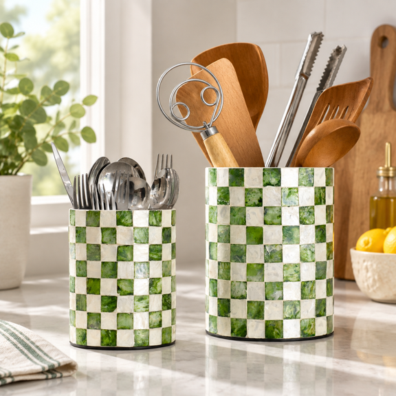 Pistachio Green Checkered Capiz Shell Utensil Holder Set of 2