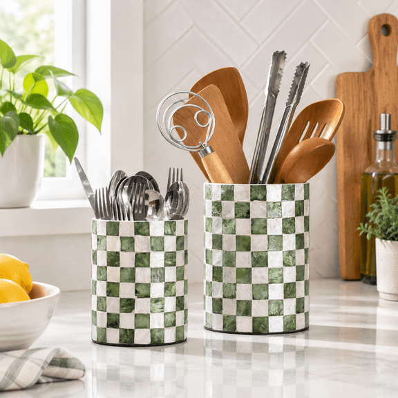 Pistachio Green Checkered Capiz Shell Utensil Holder Set of 2