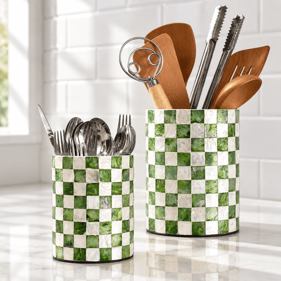 Pistachio Green Checkered Capiz Shell Utensil Holder Set of 2