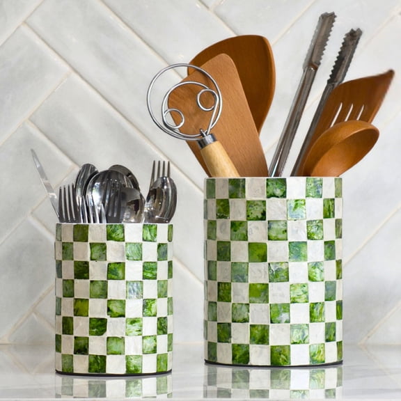 Pistachio Green Checkered Capiz Shell Utensil Holder Set of 2