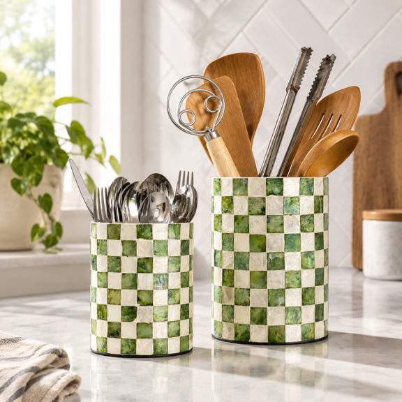 Pistachio Green Checkered Capiz Shell Utensil Holder Set of 2