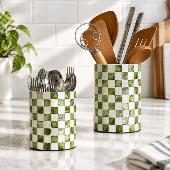 Pistachio Green Checkered Capiz Shell Utensil Holder Set of 2