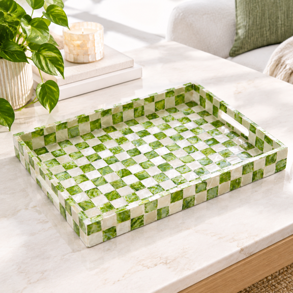 Pistachio Green Rectangular Decorative Serving Tray with Capiz Shell Inlay for Home Use