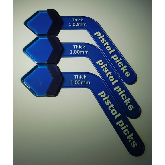 Pistol-Picks Guitar Picks Thick (1.00mm) 3-pack. Won't twist or slip in your fingers. Ergonomic
