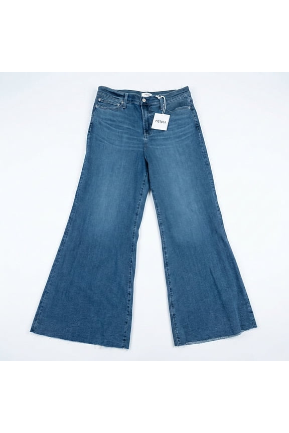 Izzy Mid Rise Jeans Women's Blue Raw Hem Stretch Wide Leg Size 32 /14-16