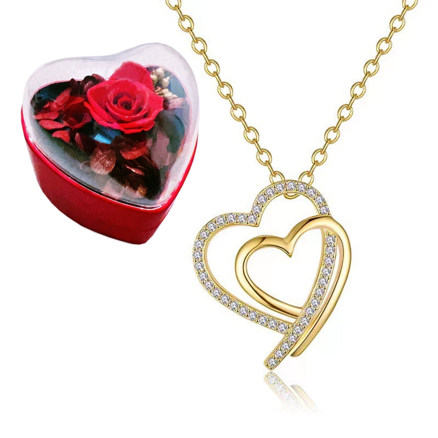 Piswency 14K Real Gold Filled Heart Necklace for Women CZ Love Double Heart Pendant Necklace with Adjustable Heart Chain for Valentine’s Day, Mother’s Day, Birthday, Handmade Jewelry, Gift for Her