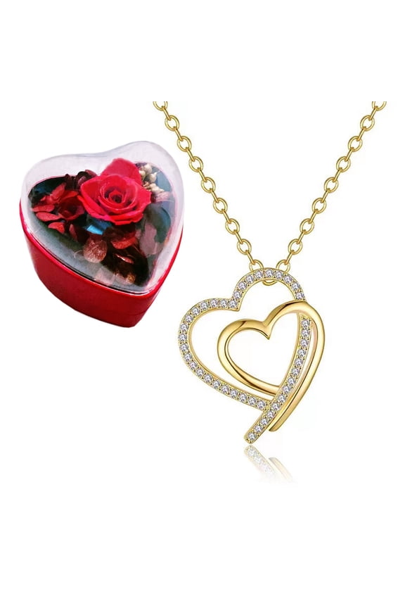 14K Real Gold Filled Heart Necklace for Women CZ Love Double Heart Pendant Necklace with Adjustable Heart Chain for Valentines Day, Mothers Day, Birthday, Handmade Jewelry, Gift for Her