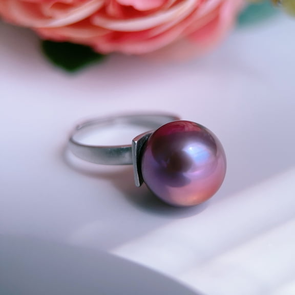 Piswency Freshwater Cultured Pearl Adjustable Ring, AAAA Natural Purple Color Pearl 11mm, 925 Sterling Silver Open Band Ring