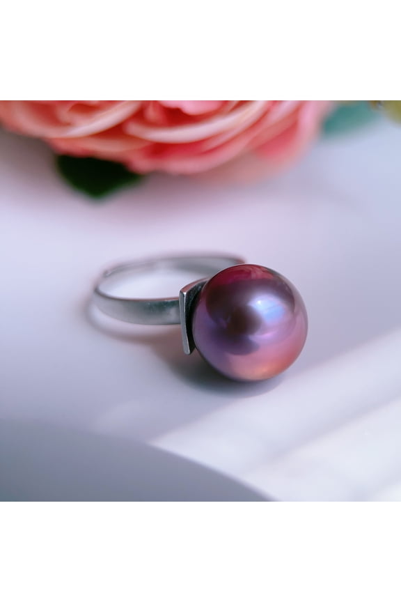 Freshwater Cultured Pearl Adjustable Ring, AAAA Natural Purple Color Pearl 11mm, 925 Sterling Silver Open Band Ring