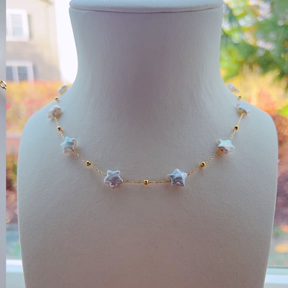 Piswency Freshwater Star Pearl Necklace, 925 Sterling Silver Baroque Pearl Satrry Necklace in Natural White Color, Gift for Her