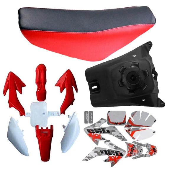 Pit Bike Gas Fuel Tank + Red Plastic Fenders Kit + Phoenix Pattern Graphics Decal Stickers + Seat for CRF50 XR50 SSR 110cc 125cc Dirt Bike Offroad Motorcycle Thumpstar SDG SSR Atomik Pitster Pro