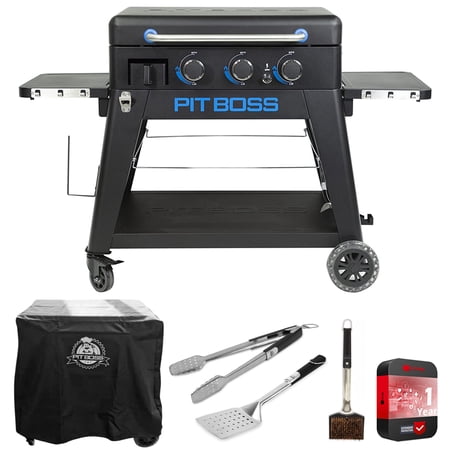 Pit Boss 10781 Portable 3-Burner Lift-Off Griddle, PB3BGD2 Bundle with Pit Boss Griddle Cover, Cleaning Brush, Soft Touch All-In-One Spatula, Soft Touch BBQ Tongs and 1 YR CPS Protection Pack