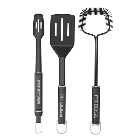 Pit Boss 3 Piece Grilling Set with Spatula, Locking Tongs, and Extended Wire Cleaning Brush