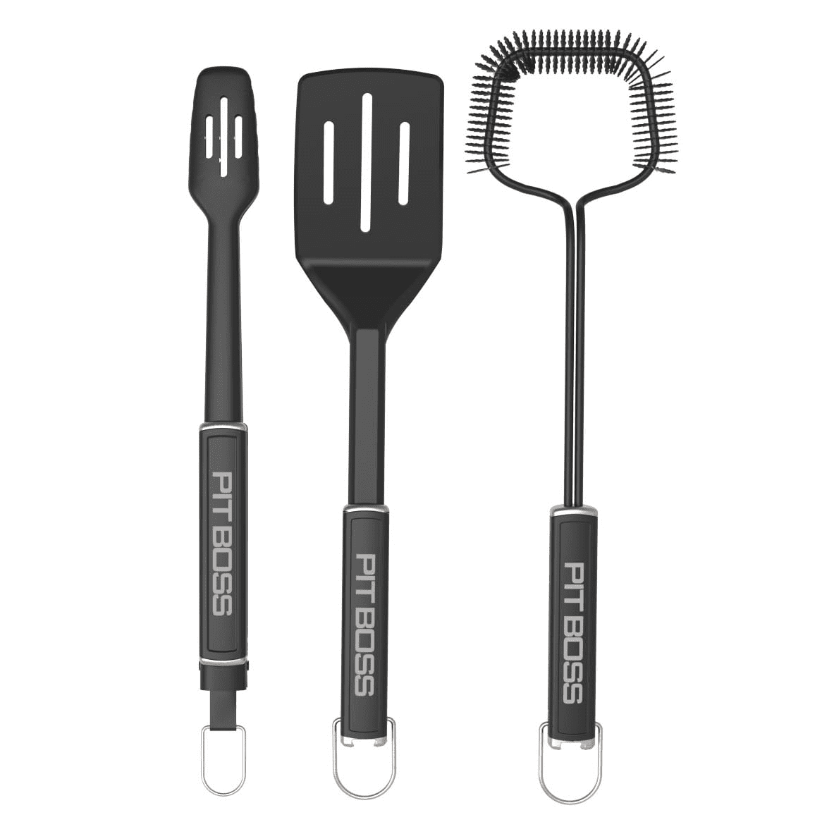 Pit Boss 3 Piece Grilling Set with Spatula, Locking Tongs, and Extended Wire Cleaning Brush