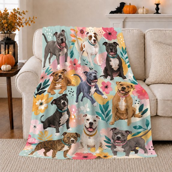 Pit Bull Dog Collage with Bright Flowers, Cheerful Graphic Style for Dog Lovers, Colorful Pack Portrait and Pet Adoption Gift, Cozy Flannel Blanket for Bedroom and Family Room, Pet Home Decor