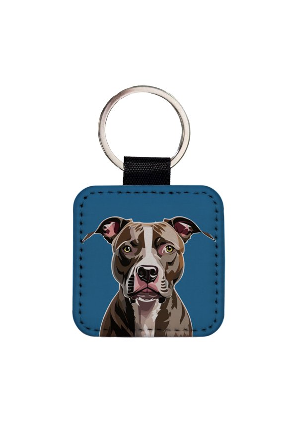 Pit Bull Dog Face Staring Faux Leather Square Keychain