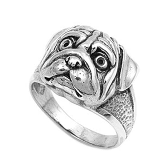 Pit Bull Dog Pug Head Animal Face Ring ( Sizes 7 8 9 10 11 12 ) New .925 Sterling Silver Band Rings (Size 12)