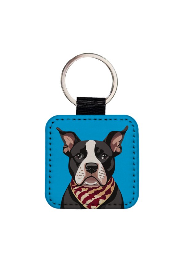 Pit Bull Dog Wearing Bandana Faux Leather Square Keychain