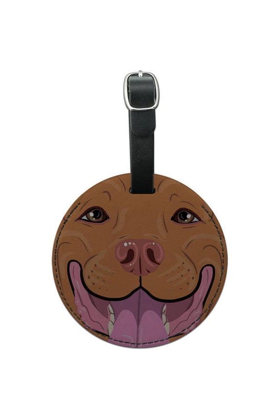 Pit Bull Face Red Nose Pet Dog Round Leather Luggage ID Tag Suitcase Carry-On