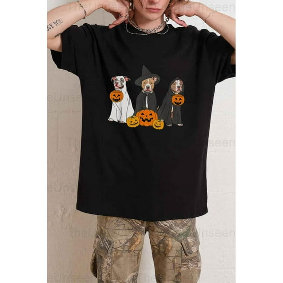 Pit Bull Ghost And Witch Cute Halloween Dog Unisex T-Shirt up to 5XL