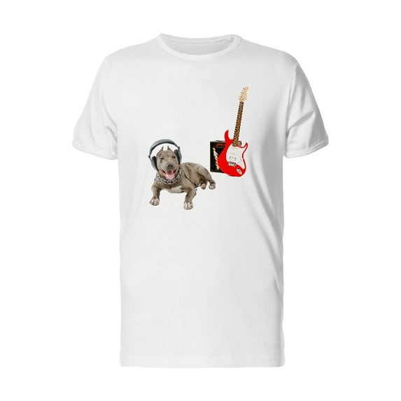 Pit Bull In Headphones On A Electric Guitar With Amplifier T-Shirt Men -Ima, Male x-Large