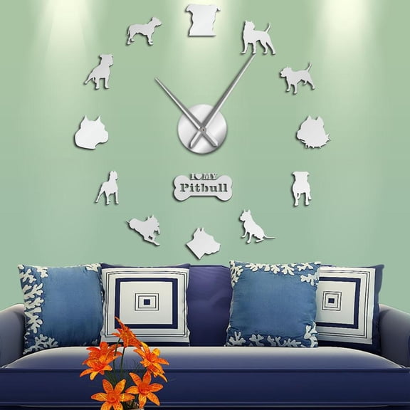 Pit Bull Large Wall Clock Dog Breed Pitties Home Deocr Self Adhesive DIY 3D Wall Clocks Mirror Surface Pit Bull Dog Lover Gifts(Silver,27inch)