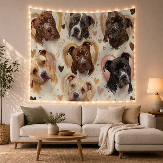 Pit Bull Portraits on Cream Background with Hearts, Cozy Watercolor for Animal Lovers, Dog Art Decor, Housewarming Gift Tapestry Wall Hanging for Bedroom and Living Room